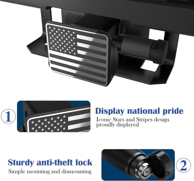 OGYE Heavy American Flag Metal Trailer Hitch Cover for 2 Inch Receivers (with 5/8-inch Pin Diameter Trailer Hitch Lock,Chrome) - Image 2